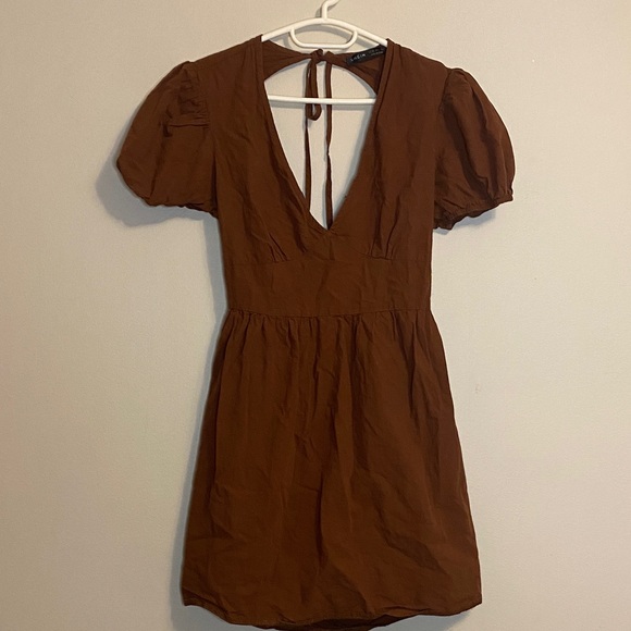 Brown Puff Sleeve Dress - Picture 1 of 4